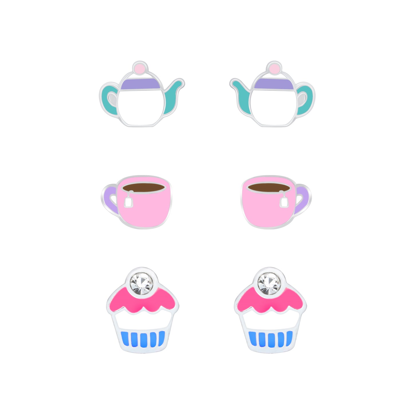 Melchior Jewellery sterling silver cupcake and teapot earrings for children with colourful enamel details