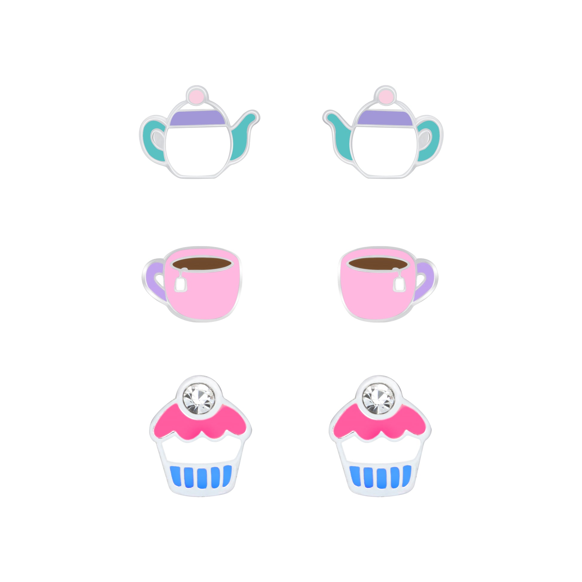 Melchior Jewellery sterling silver cupcake and teapot earrings for children with colourful enamel details