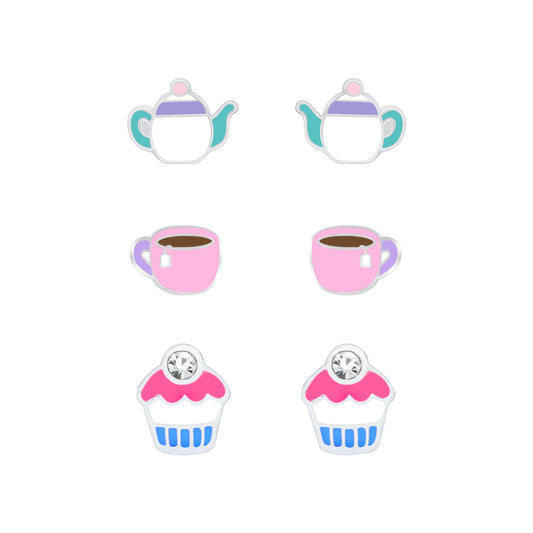 Melchior Jewellery sterling silver cupcake and teapot earrings for children with colourful enamel details