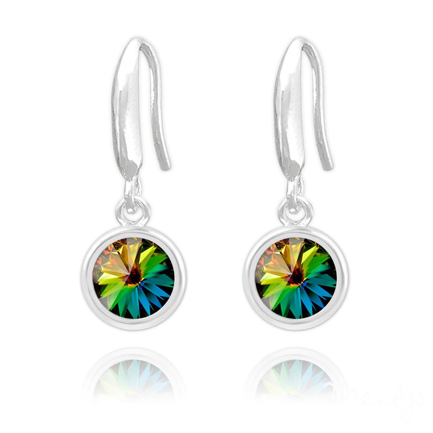 Sterling Silver drop earrings for woman with multicoloured round crystal from Melchior Jewellery