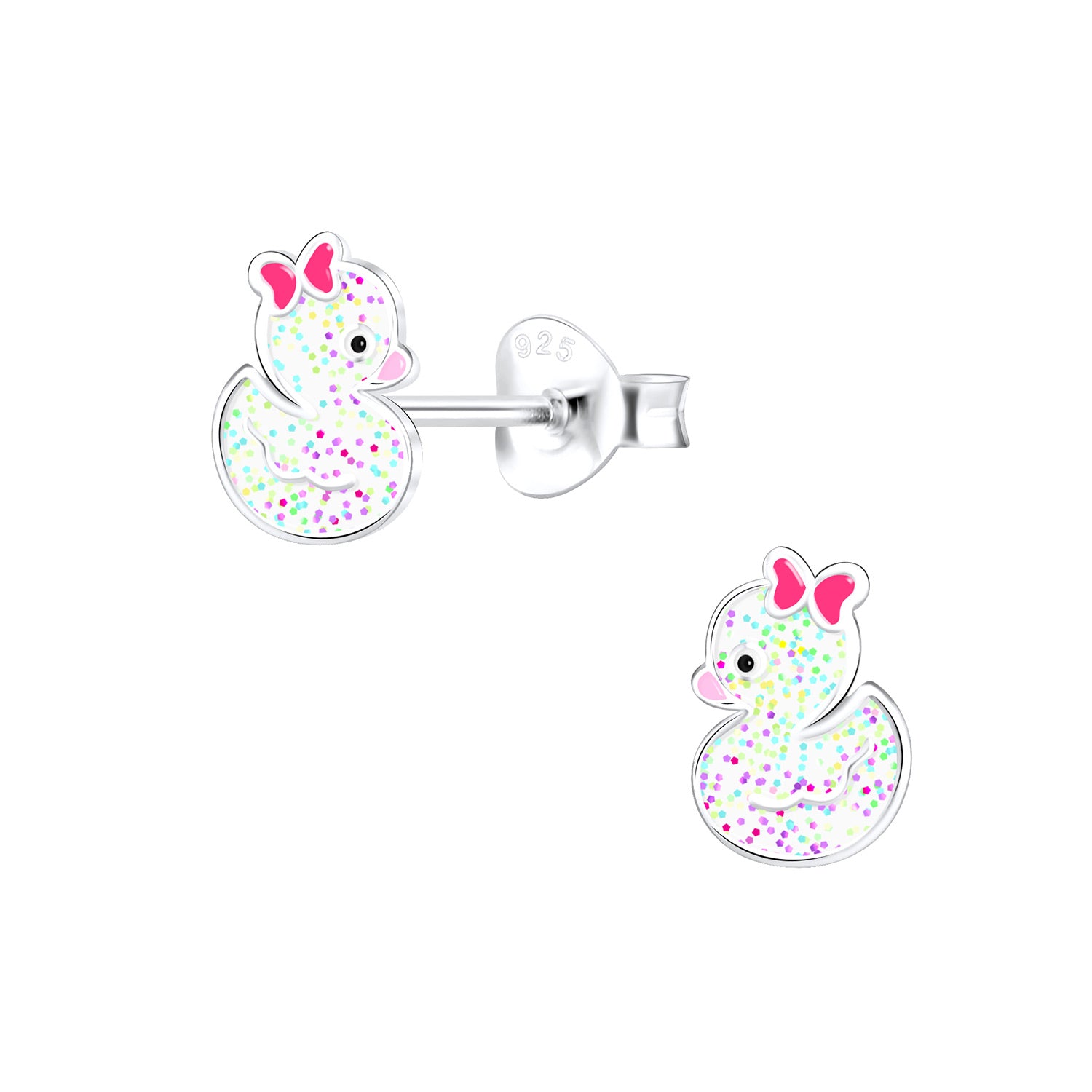 Sterling silver duck earrings for kids with pink bows and multicolour glitter by Melchior Jewellery