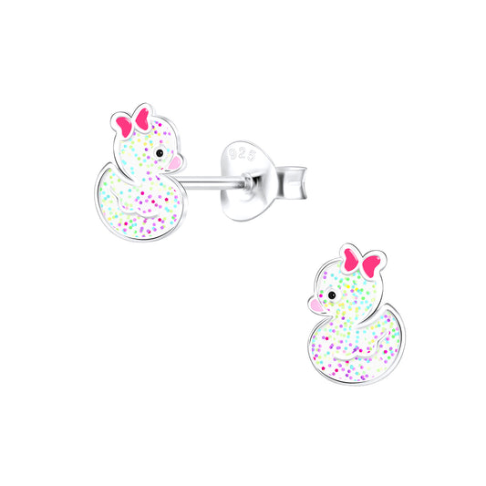 Sterling silver duck earrings for kids with pink bows and multicolour glitter by Melchior Jewellery
