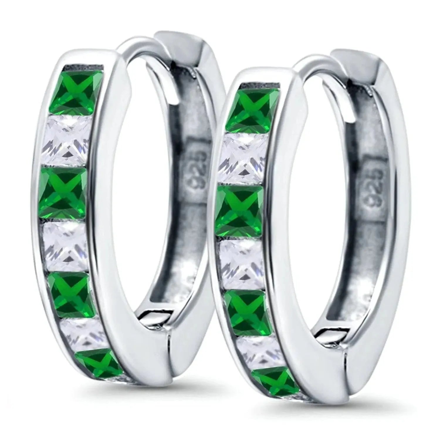Sterling Silver Emerald Princess Cut Channel Set Hoop Earrings by Melchior Jewellery with green and clear stones