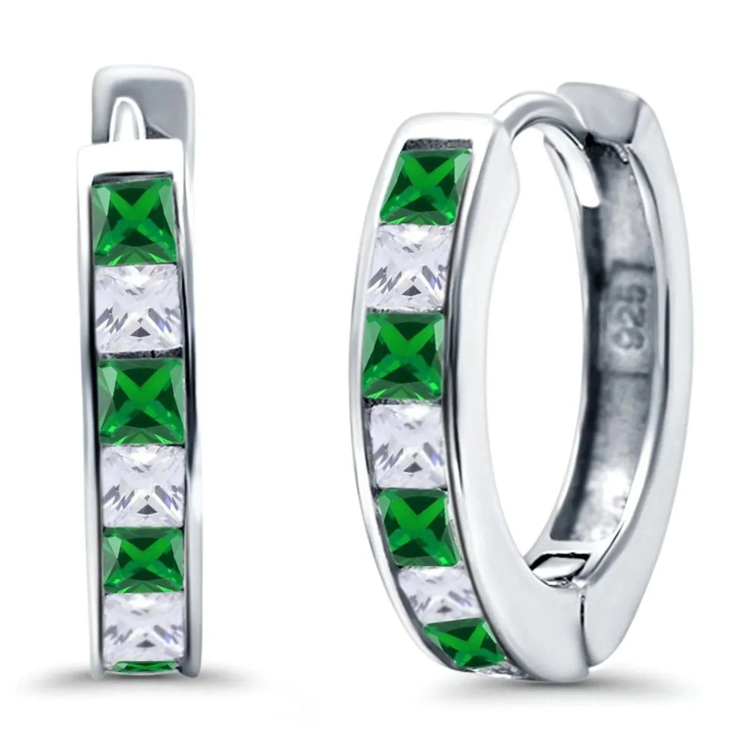 Melchior Jewellery Sterling Silver Emerald Princess Cut Channel Set Hoop Earrings with green and white stones