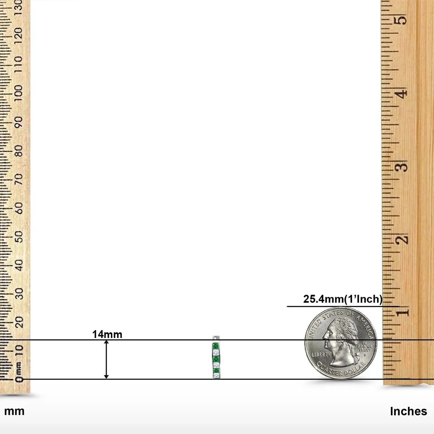 Melchior Jewellery Sterling Silver Emerald Princess Cut Channel Set Hoop Earrings shown with rulers for size measurement