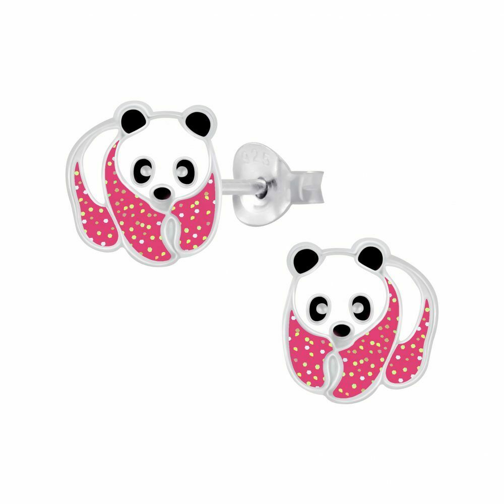 Melchior Jewellery sterling silver glitter panda bear studs childrens earrings with pink and gold accents