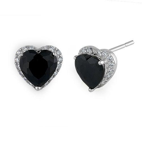 Sterling Silver Heart Shape Black Sapphire CZ Earrings