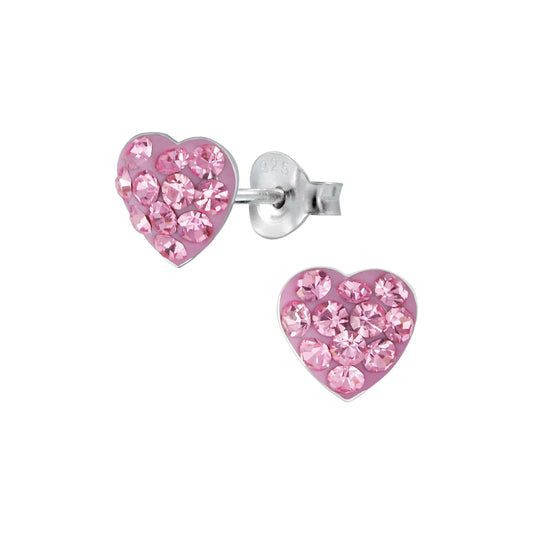 Sterling silver heart stud earrings for kids with pink crystal details by Melchior Jewellery