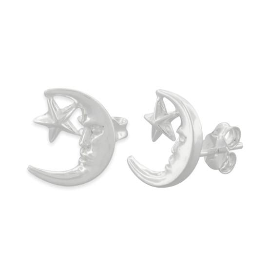 Sterling Silver Crescent Moon and Star Stud Earrings