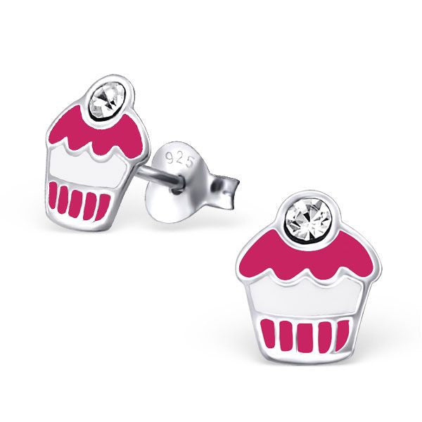 Children's Pink Cupcake Real Sterling Silver Stud Earrings - 