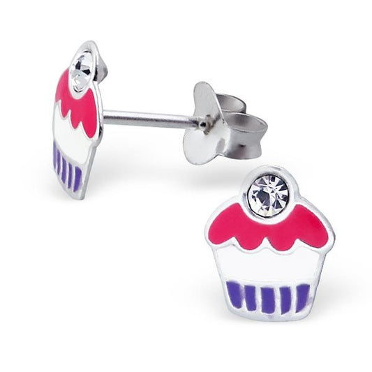 Children's Pink & Blue Cupcake Real Sterling Silver Stud Earrings - 
