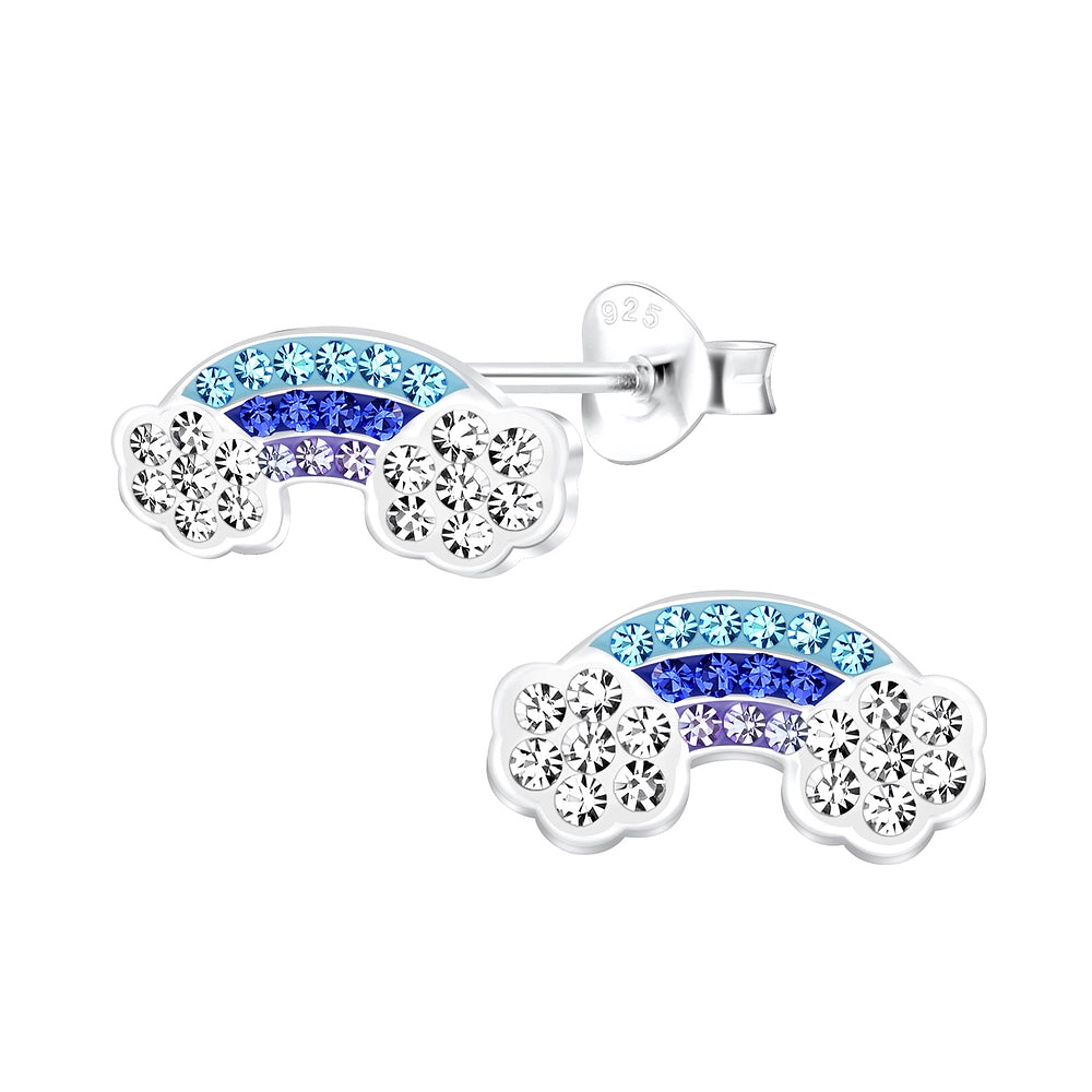 Sterling silver rainbow earrings for girls with blue and purple crystals 