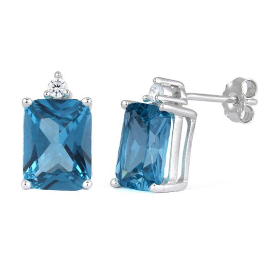 Sterling Silver Blue Topaz Emerald Cut CZ Earrings