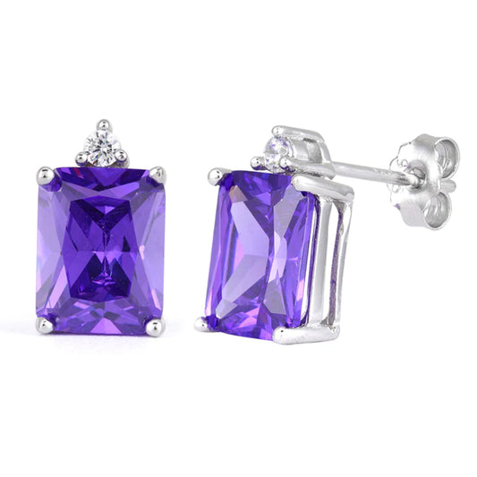 Sterling Silver Amethyst Emerald Cut CZ Earrings