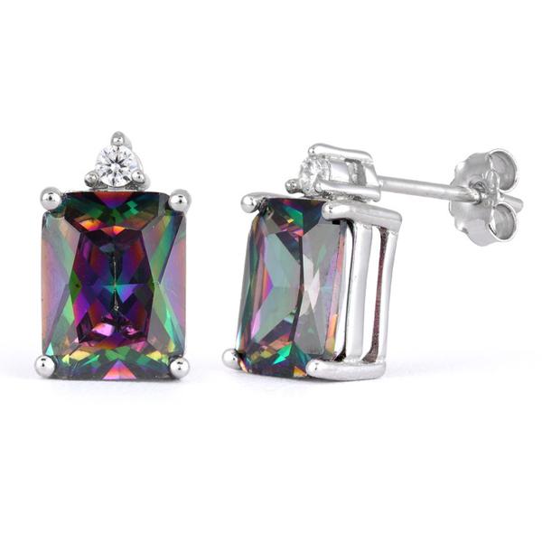 Sterling Silver Rainbow Topaz Emerald Cut CZ Earrings