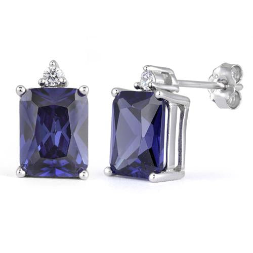 Sterling Silver Blue Sapphire Emerald Cut CZ Earrings