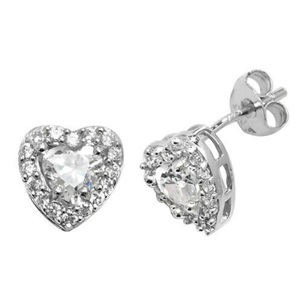 Sterling silver womens stud earrings heart-shaped with sparkling clear stones by Melchior Jewellery